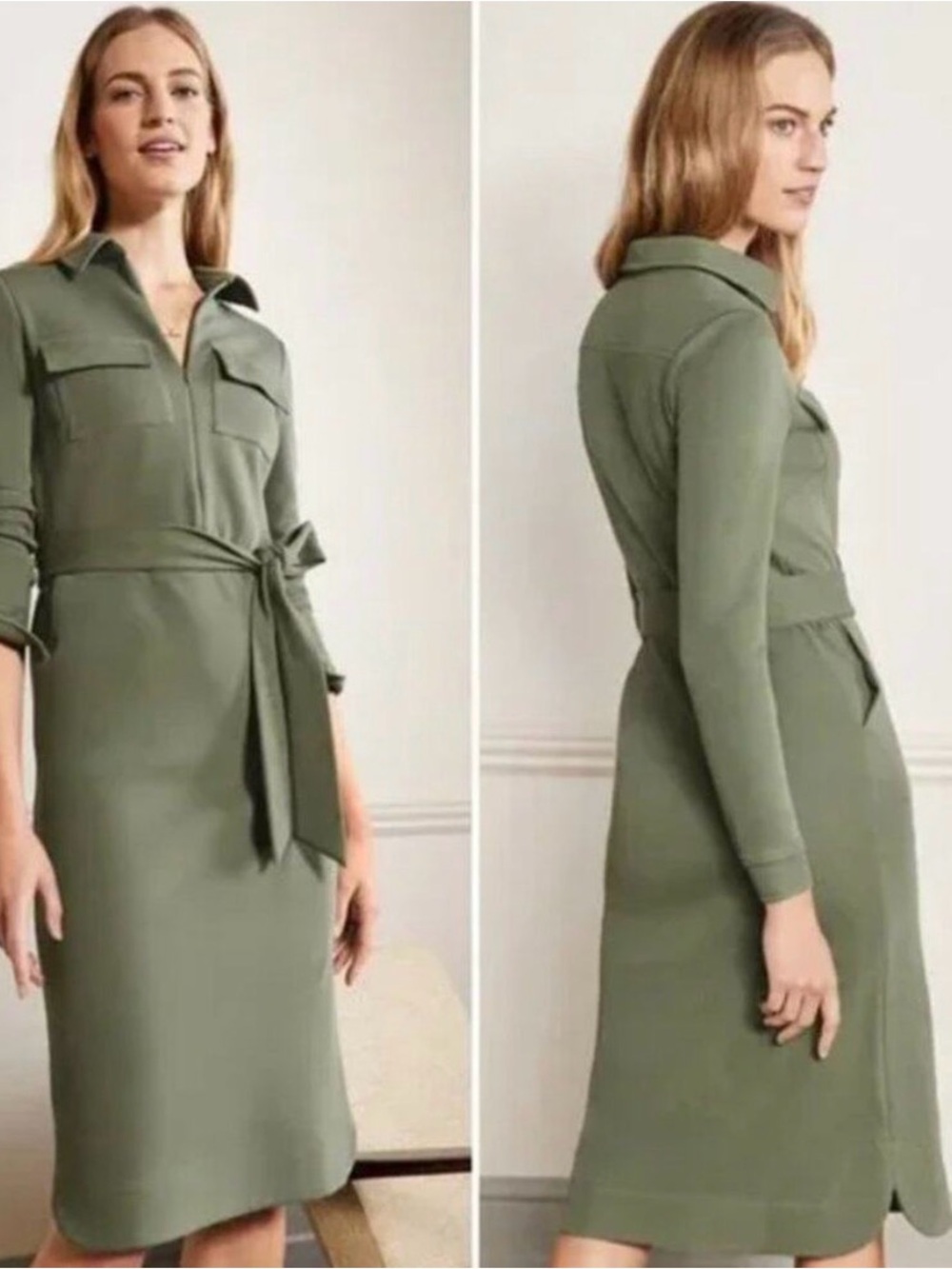 Boden Olive Green Long-Sleeve Tie-Waist Shirt Dress